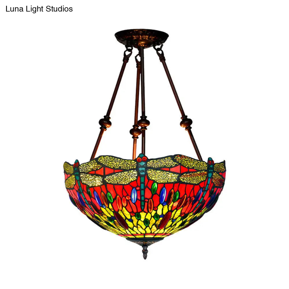 Tiffany Style Dragonfly Semi-Flush Ceiling Light With 2 Red/Orange Cut Glass Lights And Bronze