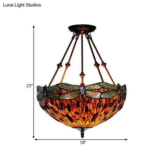 Tiffany Style Dragonfly Semi-Flush Ceiling Light With 2 Red/Orange Cut Glass Lights And Bronze