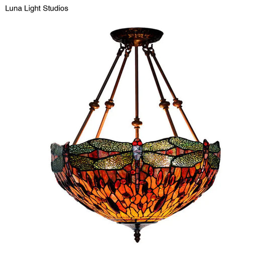 Tiffany Style Dragonfly Semi-Flush Ceiling Light With 2 Red/Orange Cut Glass Lights And Bronze