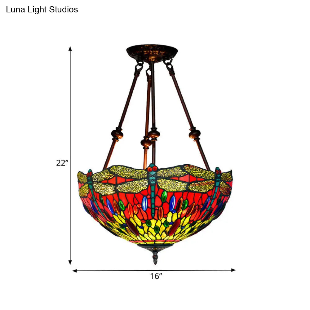 Tiffany Style Dragonfly Semi-Flush Ceiling Light With 2 Red/Orange Cut Glass Lights And Bronze