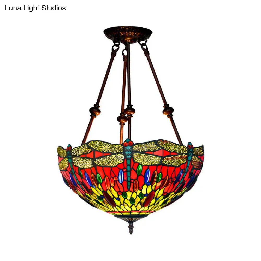 Tiffany Style Dragonfly Semi-Flush Ceiling Light With 2 Red/Orange Cut Glass Lights And Bronze