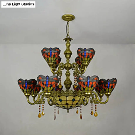Tiffany Style Dragonfly Stained Glass Dome Hanging Lamp - 13 Lights Inverted Chandelier For Living