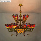 Tiffany Style Dragonfly Stained Glass Dome Hanging Lamp - 13 Lights Inverted Chandelier For Living