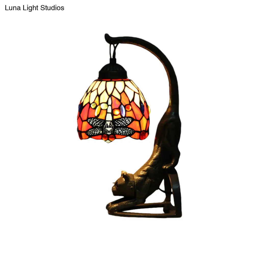 Tiffany Style Dragonfly Stained Glass Night Lamp With Cat-Shaped Base - Red/Green Table Lighting