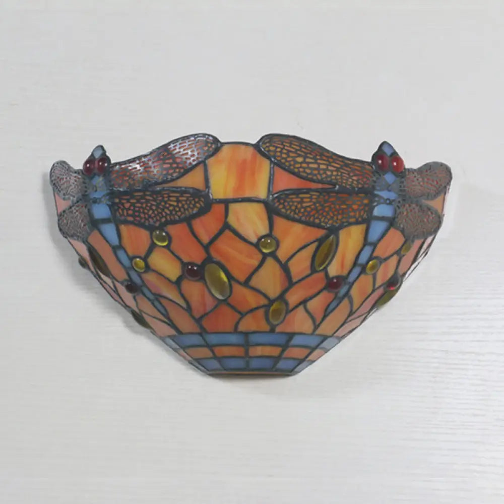Tiffany Style Dragonfly Wall Sconce In Orange Stained Glass - 1-Light Lighting