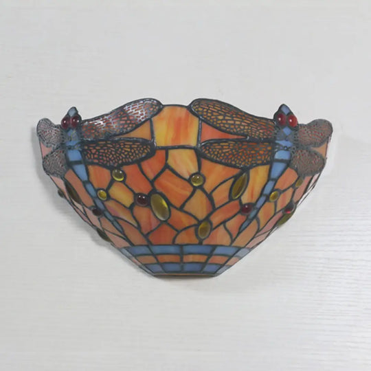 Tiffany Style Dragonfly Wall Sconce In Orange Stained Glass - 1-Light Lighting