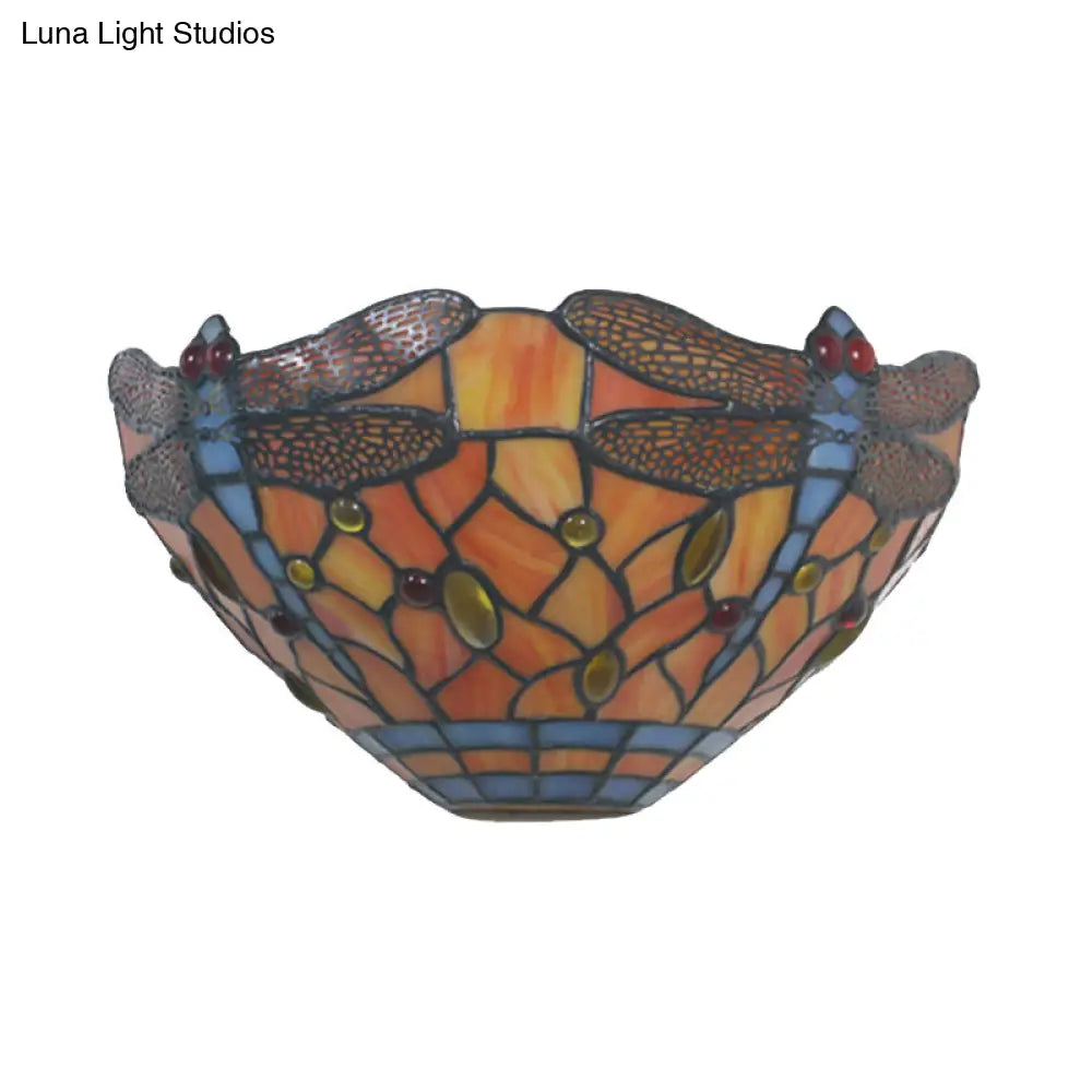 Tiffany Style Dragonfly Wall Sconce In Orange Stained Glass - 1-Light Lighting