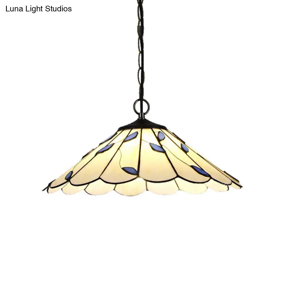 Beige Stained Glass Tiffany-Style Pendant Light With Leaf Pattern And Flared Design