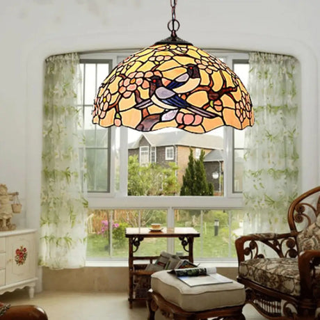 Tiffany-Style Floral Chandelier - 2 Red/Pink Stained Glass Lights for Kitchen Pink