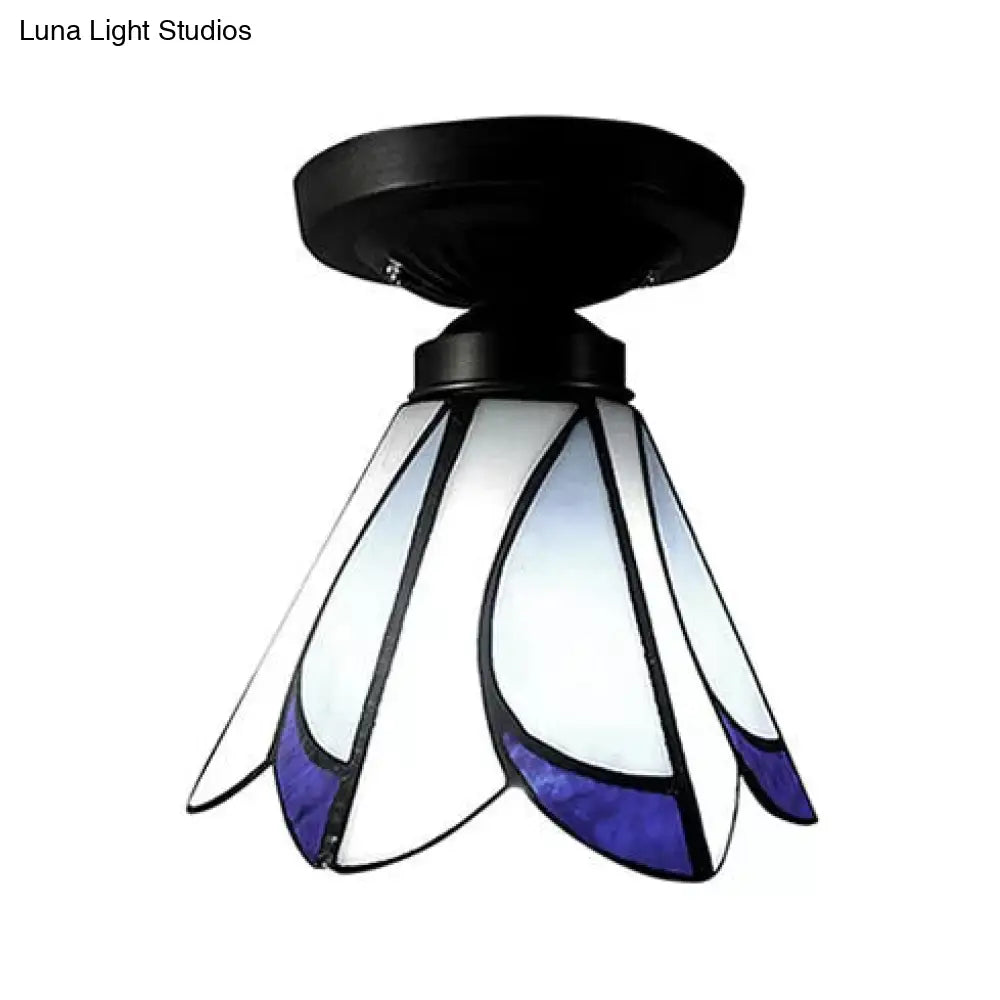Tiffany Style Floral Semi-Flush Ceiling Light - Glass 4 H X 7 Dia