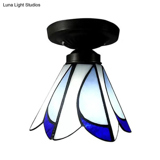 Tiffany Style Floral Semi-Flush Ceiling Light - Glass 4 H X 7 Dia