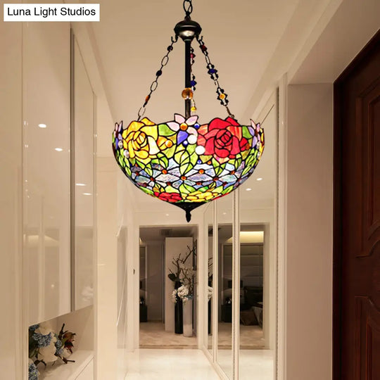 Tiffany Style Floral Suspension Lamp - Stylish Stainless Glass Pendant Light With 2 Red And Yellow