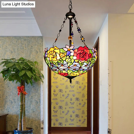 Tiffany Style Floral Suspension Lamp - Stylish Stainless Glass Pendant Light With 2 Red And Yellow