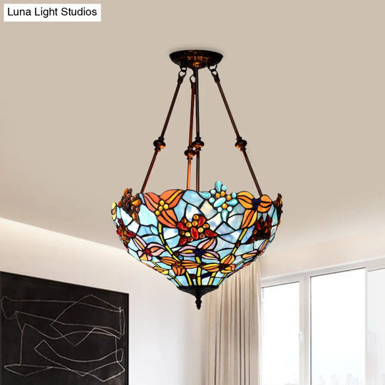 Tiffany Style Flower Cut Glass Semi Mount Ceiling Flush Light - Red/Orange/Blue 2 Lights Bronze