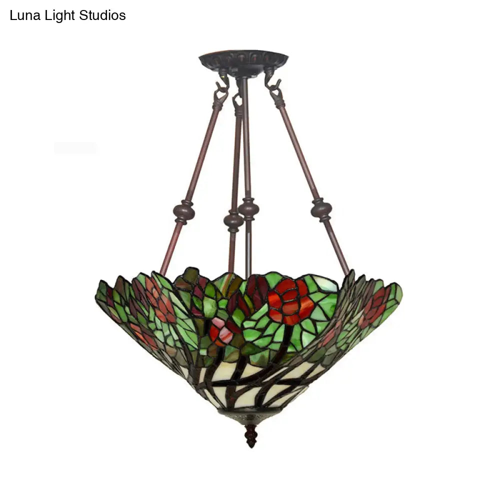 Tiffany Style Flower Cut Glass Semi Mount Ceiling Flush Light - Red/Orange/Blue 2 Lights Bronze