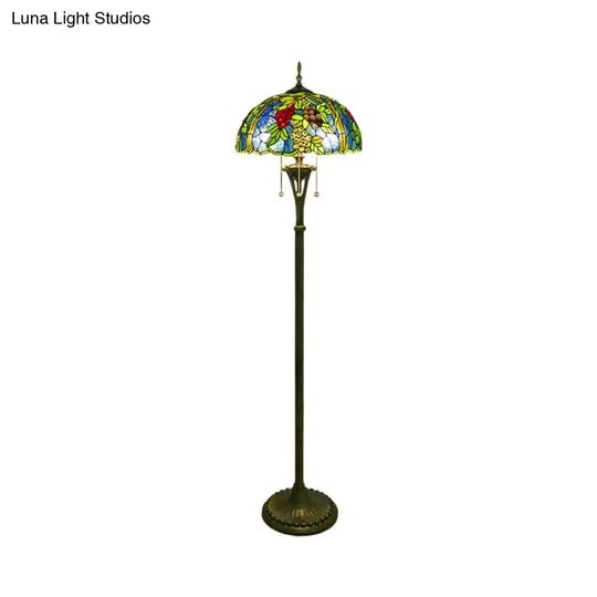 Tiffany Style Glass Floor Lamp With Pull Chain - 3 Bulbs Flower/Grapes Design In Blue/Green Or