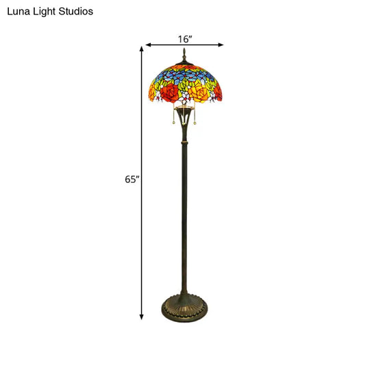 Tiffany Style Glass Floor Lamp With Pull Chain - 3 Bulbs Flower/Grapes Design In Blue/Green Or