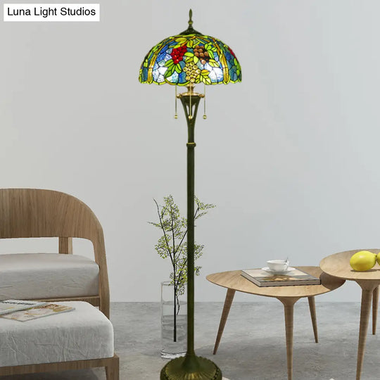 Tiffany Style Glass Floor Lamp With Pull Chain - 3 Bulbs Flower/Grapes Design In Blue/Green Or