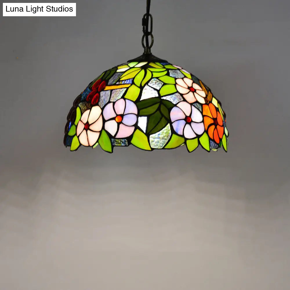 1-Light Green Tiffany-Style Stained Glass Bowl Pendant Light