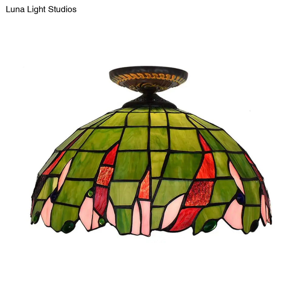 Tiffany-Style Hand Cut Glass Brass Flush Mount Ceiling Light With Single Bulb
