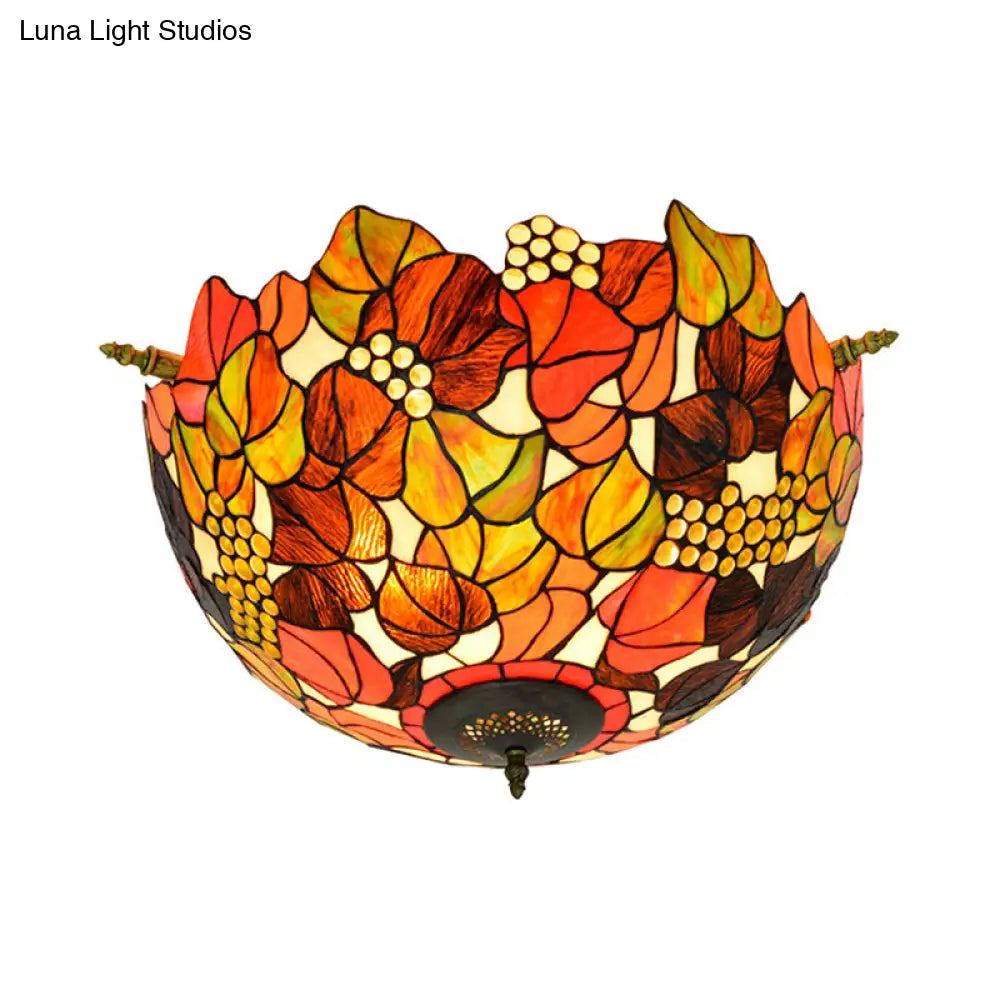 Tiffany - Style Hand Cut Glass Brass Light Fixture With 5 Grape Lights - Semi Flush Mount Ceiling