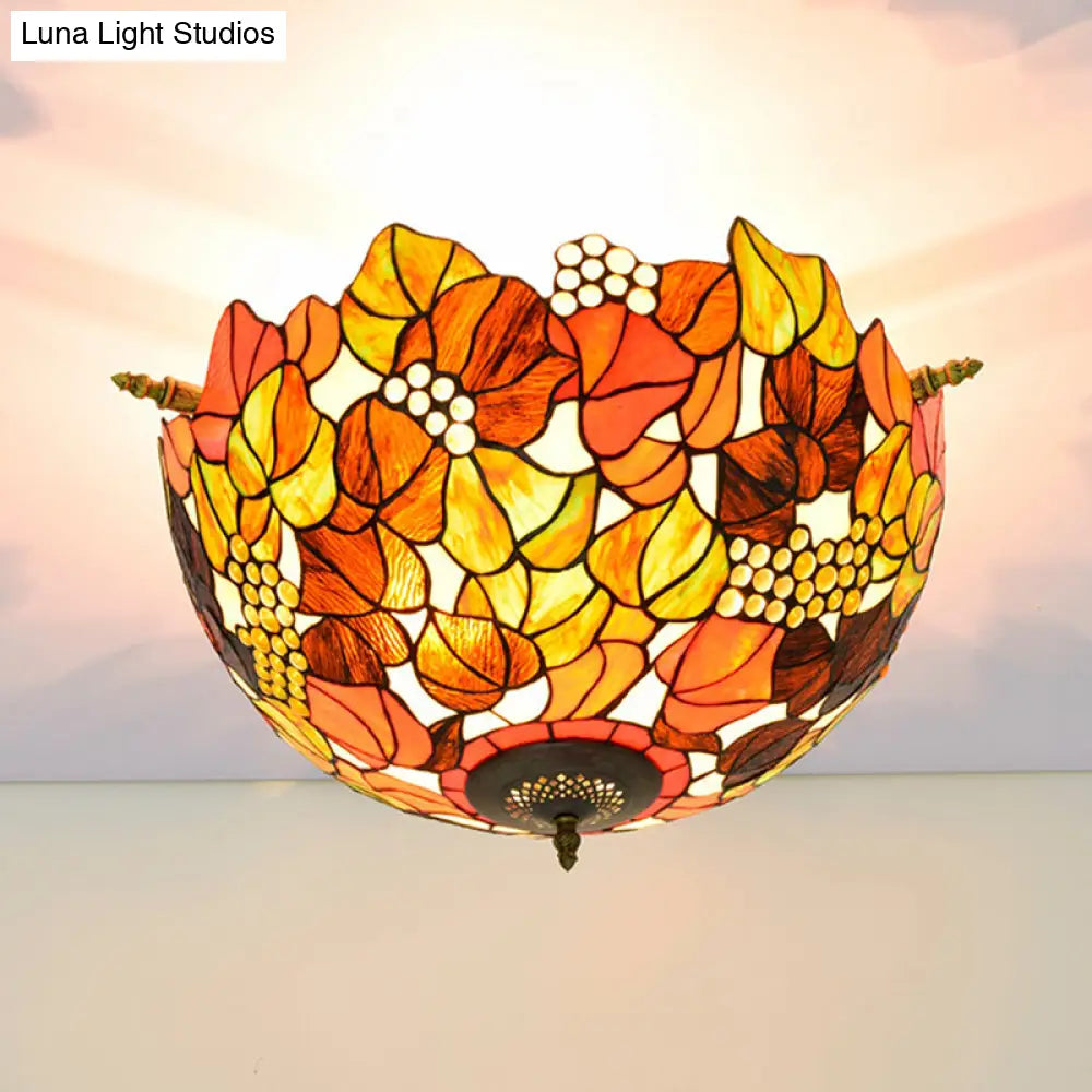 Tiffany - Style Hand Cut Glass Brass Light Fixture With 5 Grape Lights - Semi Flush Mount Ceiling