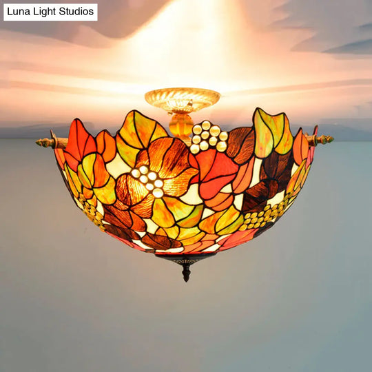 Tiffany-Style Hand Cut Glass Brass Light Fixture With 5 Grape Lights - Semi Flush Mount Ceiling