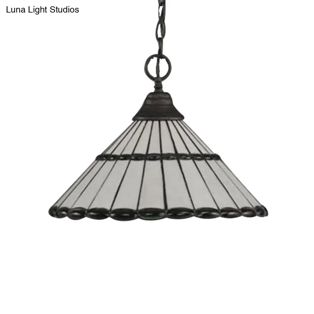 Tiffany-Style Hand Cut Glass Suspension Lamp - Brown/Green Tapered Pendant Fixture