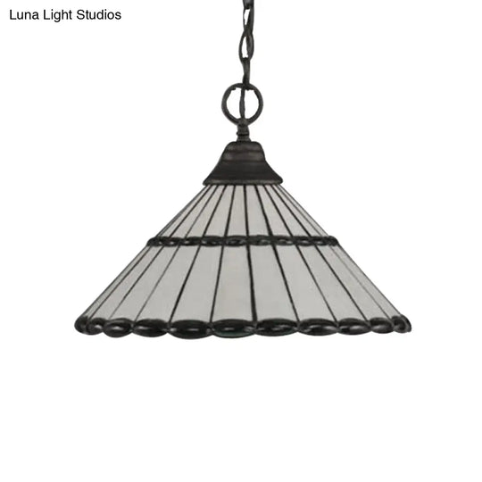 Tiffany-Style Hand Cut Glass Suspension Lamp - Brown/Green Tapered Pendant Fixture