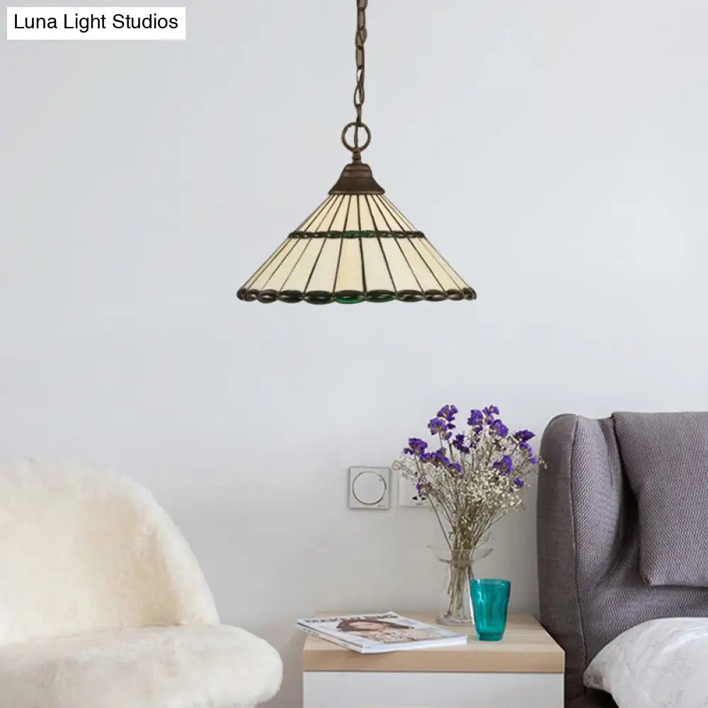 Tiffany-Style Hand Cut Glass Suspension Lamp - Brown/Green Tapered Pendant Fixture Green