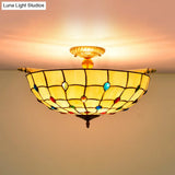 Tiffany Style Handcrafted Art Glass Ceiling Light Fixture - 5 Heads Semi Flush Mount Brass Finish