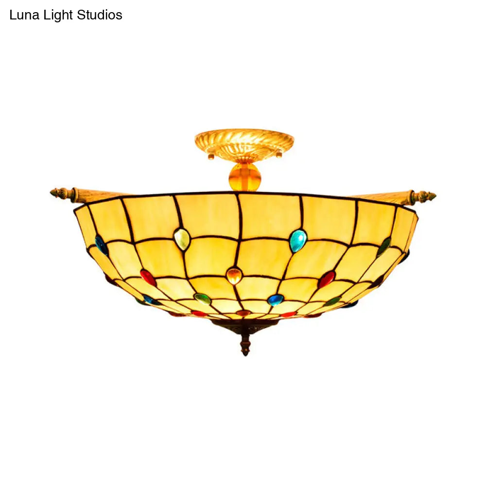Tiffany Style Handcrafted Art Glass Ceiling Light Fixture - 5 Heads Semi Flush Mount Brass Finish