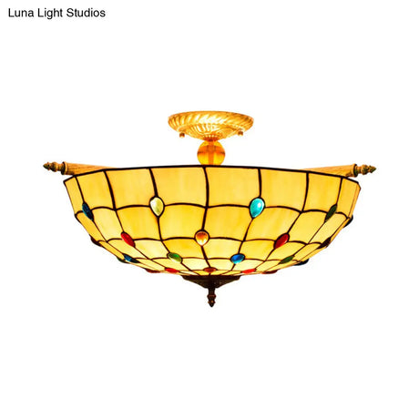 Tiffany Style Handcrafted Art Glass Ceiling Light Fixture - 5 Heads Semi Flush Mount Brass Finish