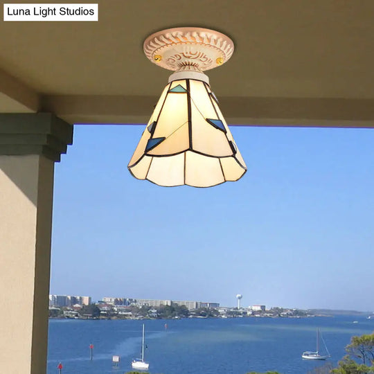 Tiffany Style Handcrafted Art Glass Semi Flush Ceiling Light Fixture With Bell Shade Beige