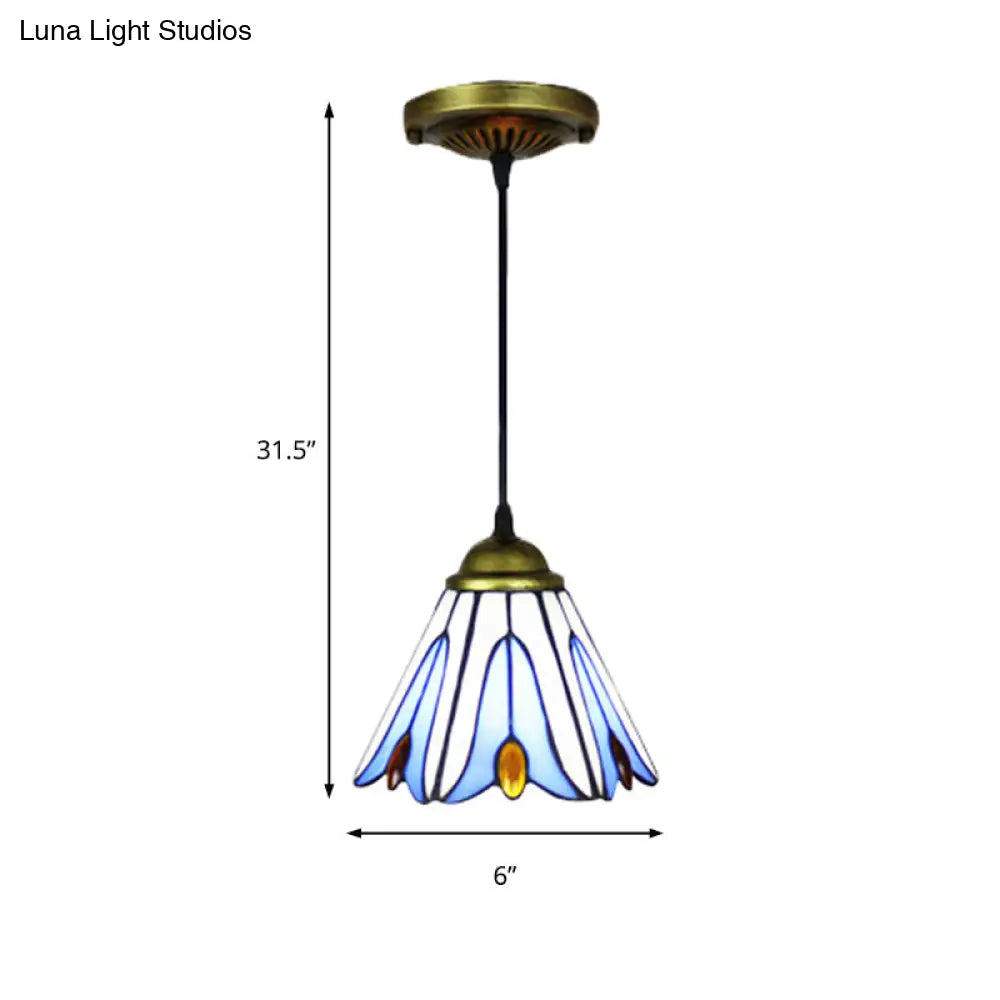 Tiffany-Style Handcrafted Art Glass Pendant Ceiling Lamp - Wide Flare 1-Bulb Blue Flower Pattern