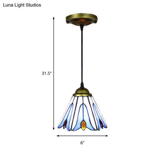 Tiffany-Style Handcrafted Blue Art Glass Pendant Ceiling Lamp With Flower Pattern - Wide Flare 1