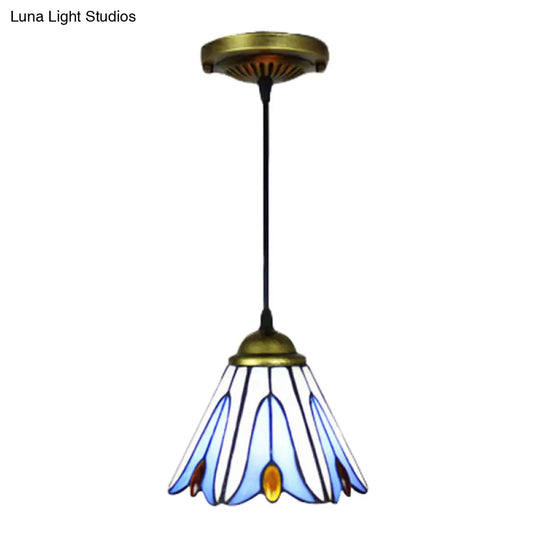 Tiffany-Style Handcrafted Blue Art Glass Pendant Ceiling Lamp With Flower Pattern - Wide Flare 1