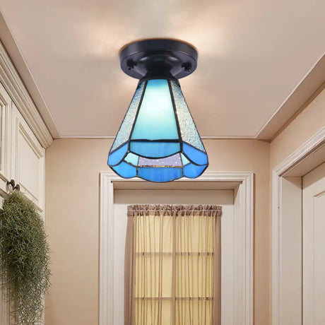 Tiffany Style Handcrafted Glass Ceiling Mounted Light - Shaded Semi Flush Mount 1 - Light Blue