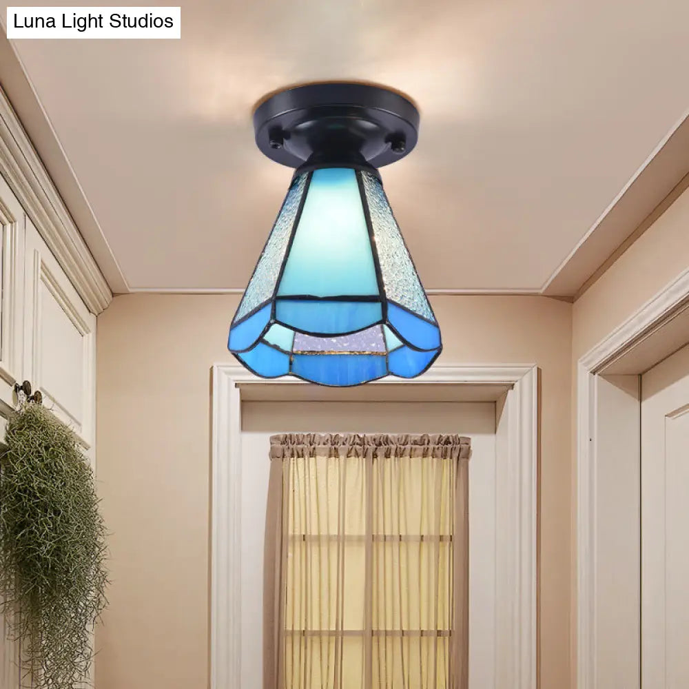 Tiffany Style Handcrafted Glass Ceiling Mounted Light - Shaded Semi Flush Mount 1 - Light Blue