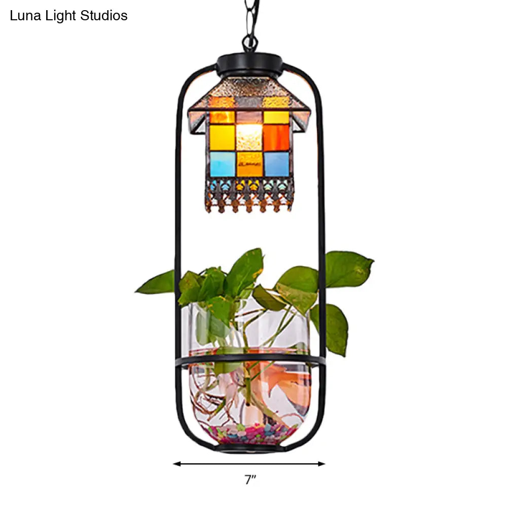 Tiffany Style House Shaped Hanging Lamp Kit With Stainless Glass - 1 Head Black Finish Ceiling Light