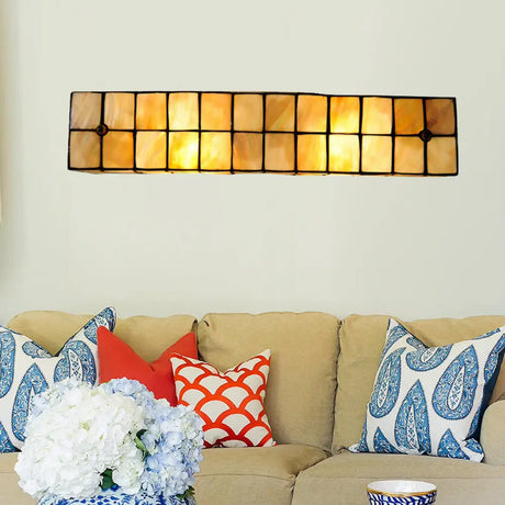 Tiffany Style Linear Wall Light With Square/Flower Pattern - 2 Lights Shell Sconce In Beige For
