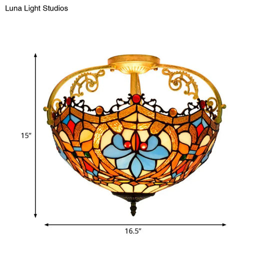 Tiffany Style Lotus Stained Glass Ceiling Fixture - Semi Mount Brown Ideal For Dining Room Lighting