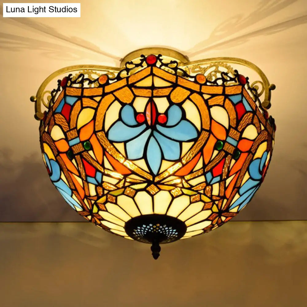 Tiffany Style Lotus Stained Glass Ceiling Fixture - Semi Mount Brown Ideal For Dining Room Lighting