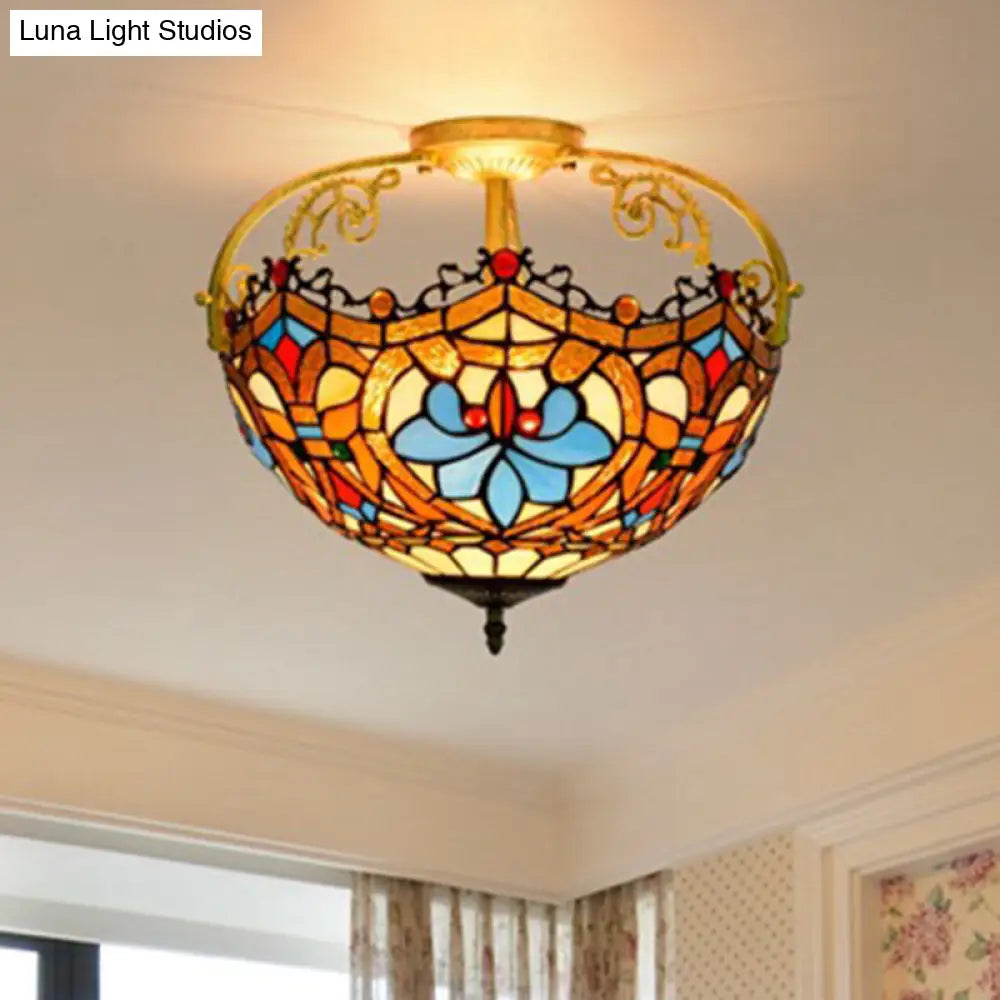 Tiffany Style Lotus Stained Glass Ceiling Fixture - Semi Mount Brown Ideal For Dining Room Lighting