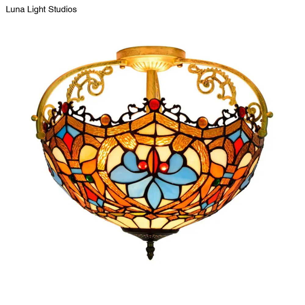 Tiffany Style Lotus Stained Glass Ceiling Fixture - Semi Mount Brown Ideal For Dining Room Lighting