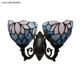 Tiffany-Style Lotus Wall Light - Stained Glass 2-Bulb Traditional Sconce In Blue & Pink