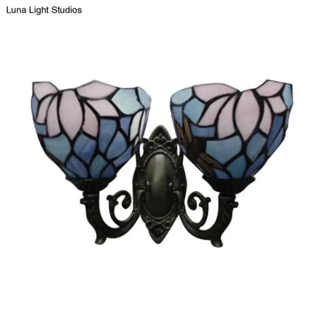 Tiffany-Style Lotus Wall Light - Stained Glass 2-Bulb Traditional Sconce In Blue & Pink