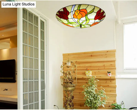 Tiffany - Style Multicolored Stained Glass Flower Flush Mount Ceiling Light Fixture