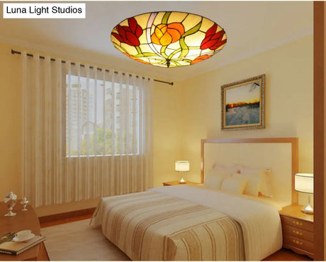 Tiffany - Style Multicolored Stained Glass Flower Flush Mount Ceiling Light Fixture