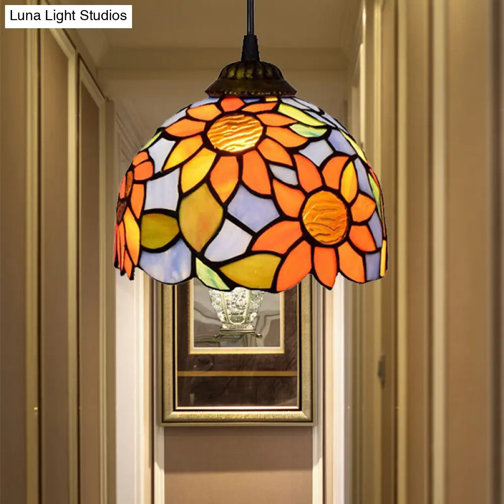 Tiffany-Style Domed Stained Glass Pendant Light - Orange-Blue Ceiling Hanging Lamp